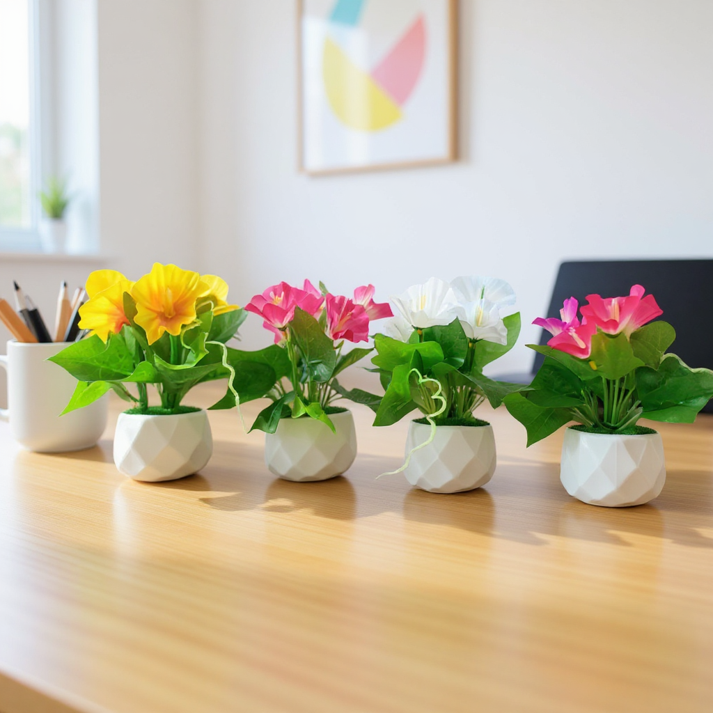 Set of 4 pots Diamond cut design Pots, with morning glory flowers