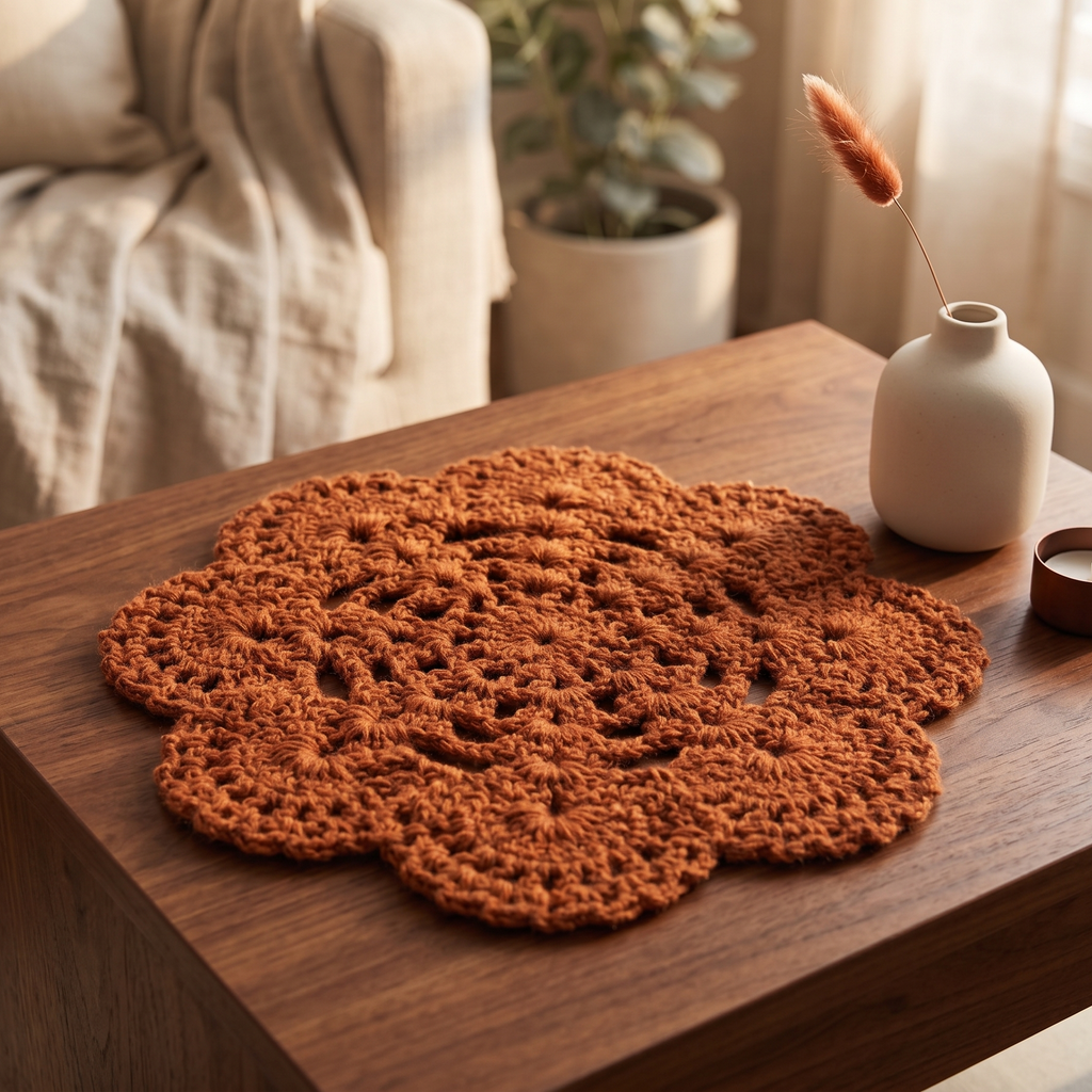 Handmade Copper Brown Round Cotton Crochet Table Mat for Table Decor | 8 Inch
