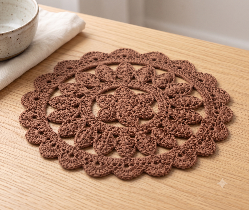 Handmade Brown Round Cotton Crochet Table Mat for Table Decor | 15 Inch