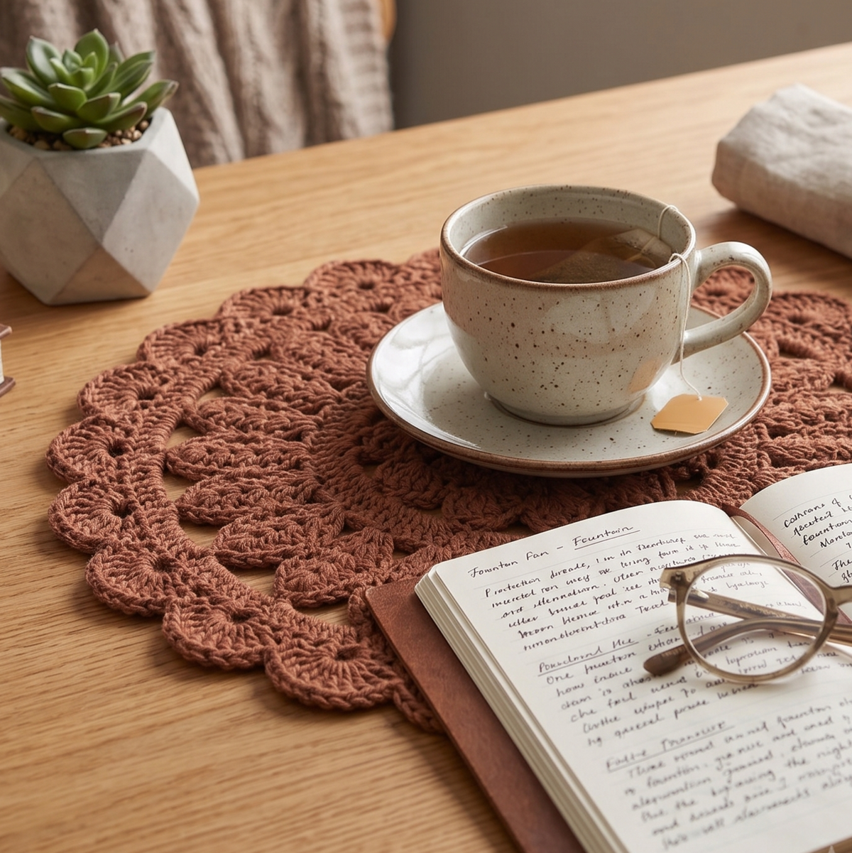 Handmade Brown Round Cotton Crochet Table Mat for Table Decor | 15 Inch