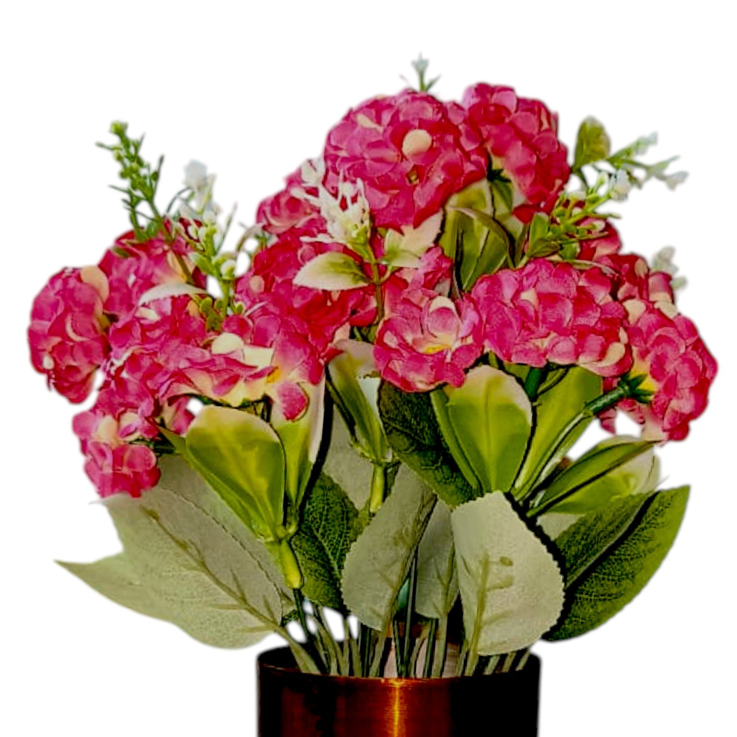 Pink flowers arranged in metallic pot copper colour