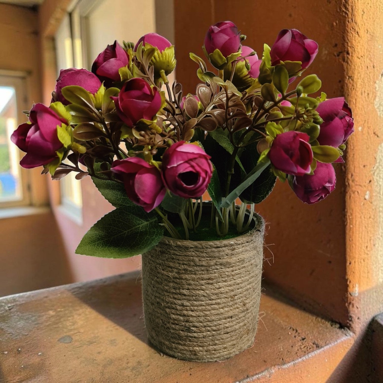 Jute Planter With Artificial Pink Rose