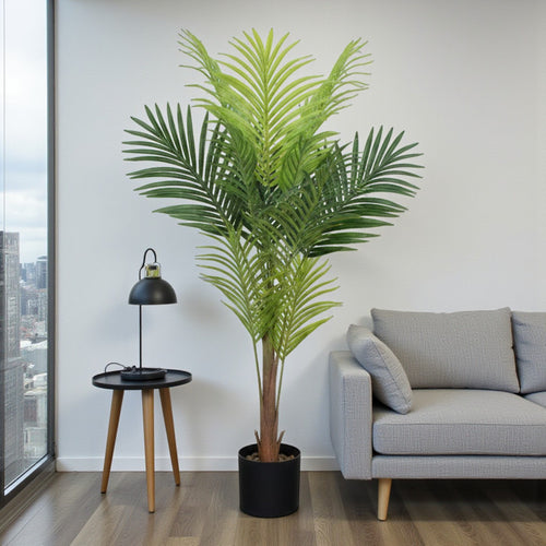 A single artificial Areca Palm leaf with detailed green fronds and a textured brown stem against a white background.