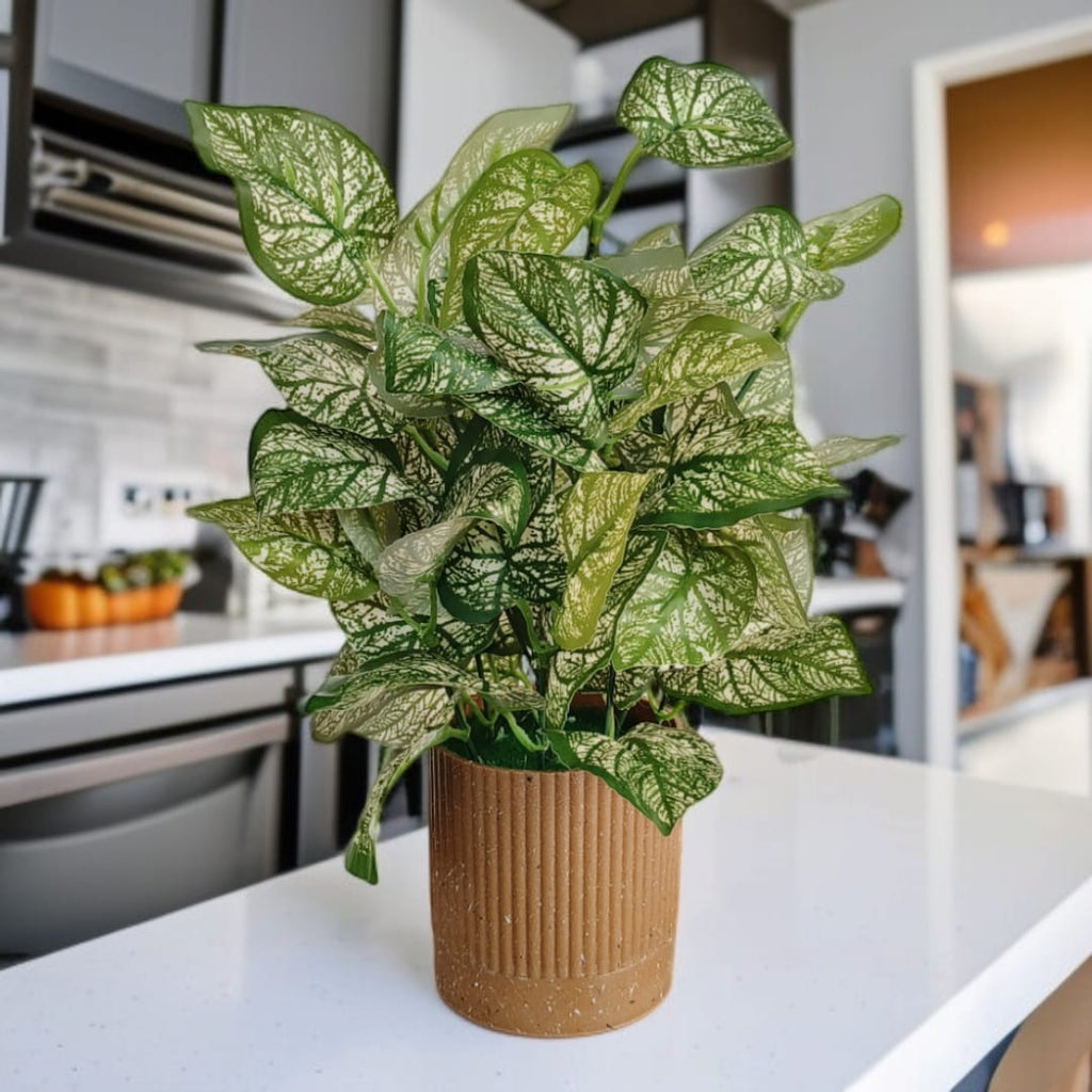 Artificial caladium plant with variegated white and green leaves in a tan ribbed stone pot.