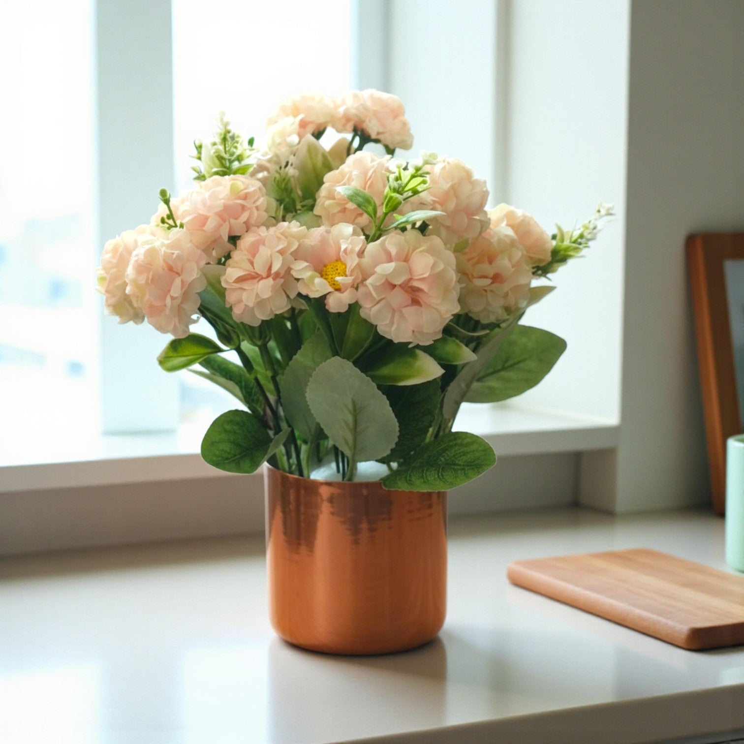 Artificial Peach Blossoms in Copper Metal Pot