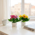 Set of 2: Artificial Pink & Yellow Morning Glories in Diamond-Cut Pots