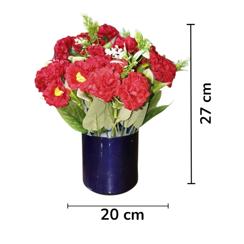 Artificial Red Carnations in Blue Metal Pot