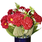 Artificial Red Carnations in Blue Metal Pot