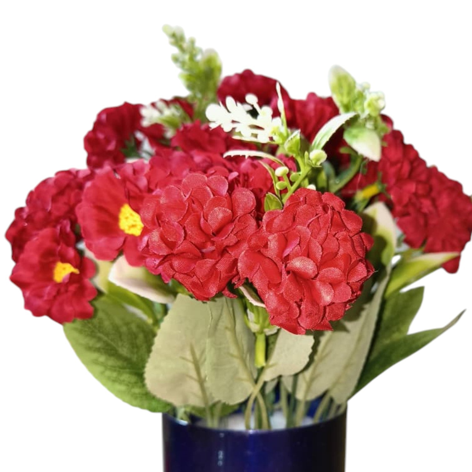 Artificial Red Carnations in Blue Metal Pot