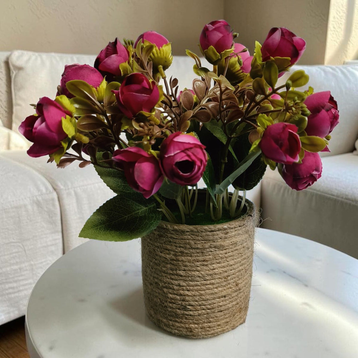 Jute Planter With Artificial Pink Rose