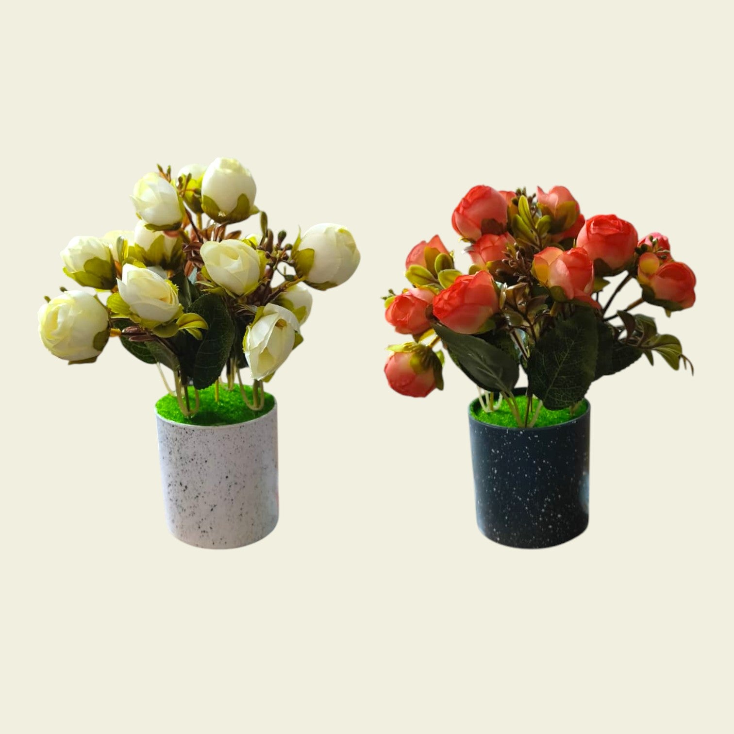 Set of 2: Artificial White & Orange Mini Rose Buds in Speckled Pots