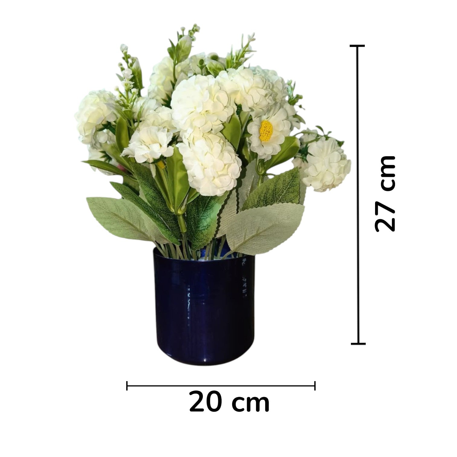 Artificial White Hydrangeas in Blue Metal Pot