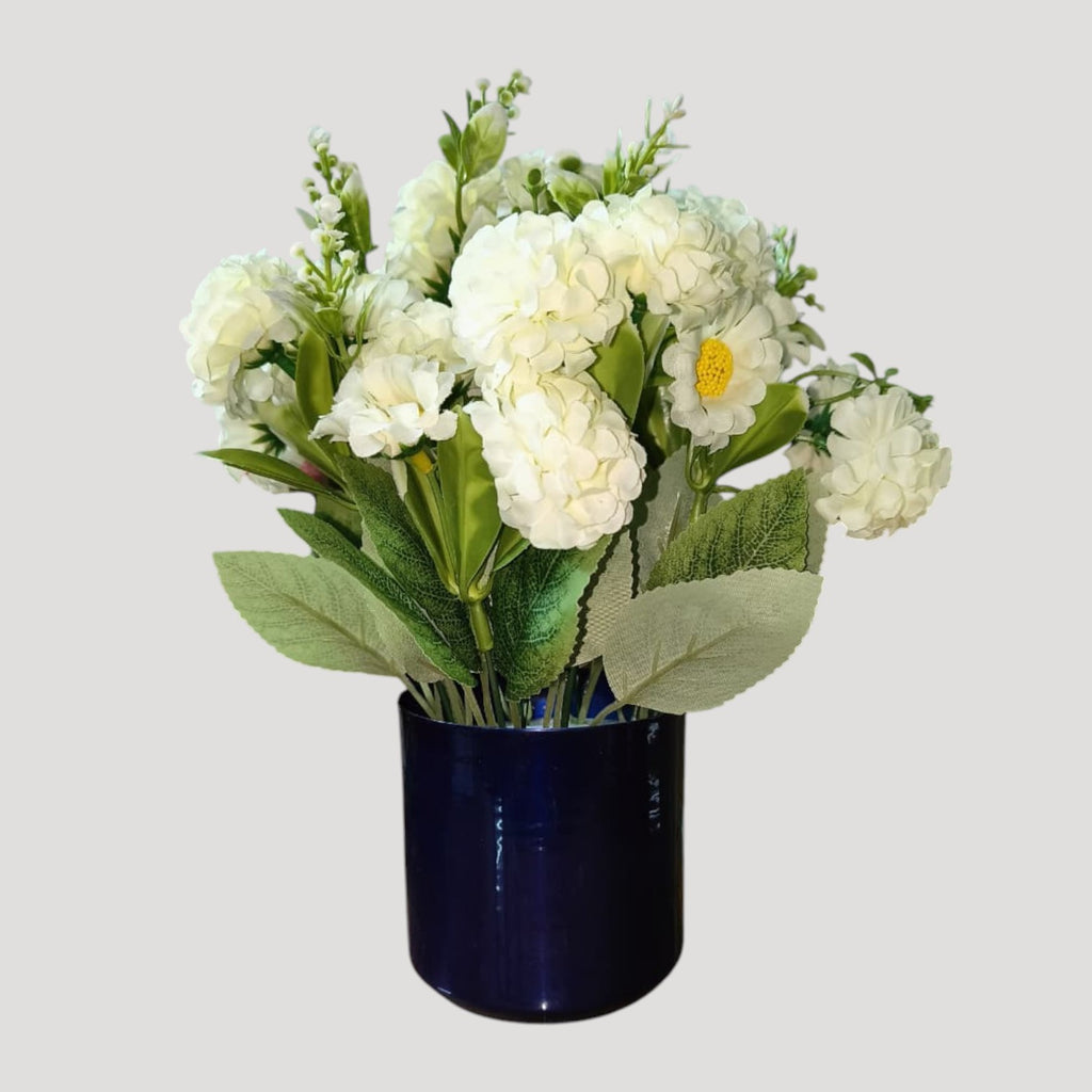 Artificial White Hydrangeas in Blue Metal Pot