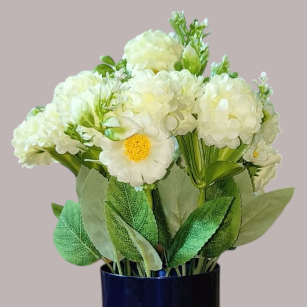 Artificial White Hydrangeas in Blue Metal Pot