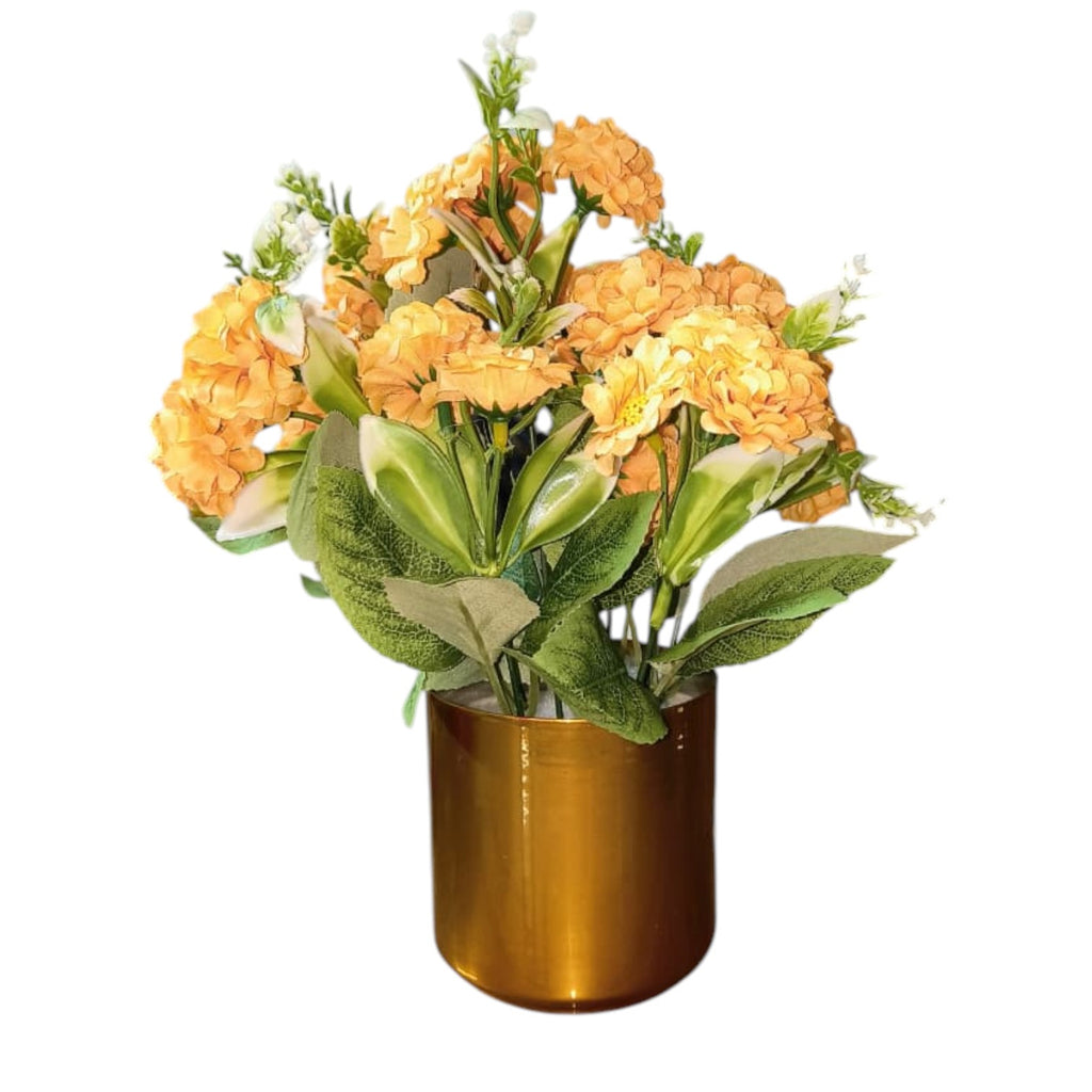 Artificial Yellow Blossoms in Gold Metal Pot