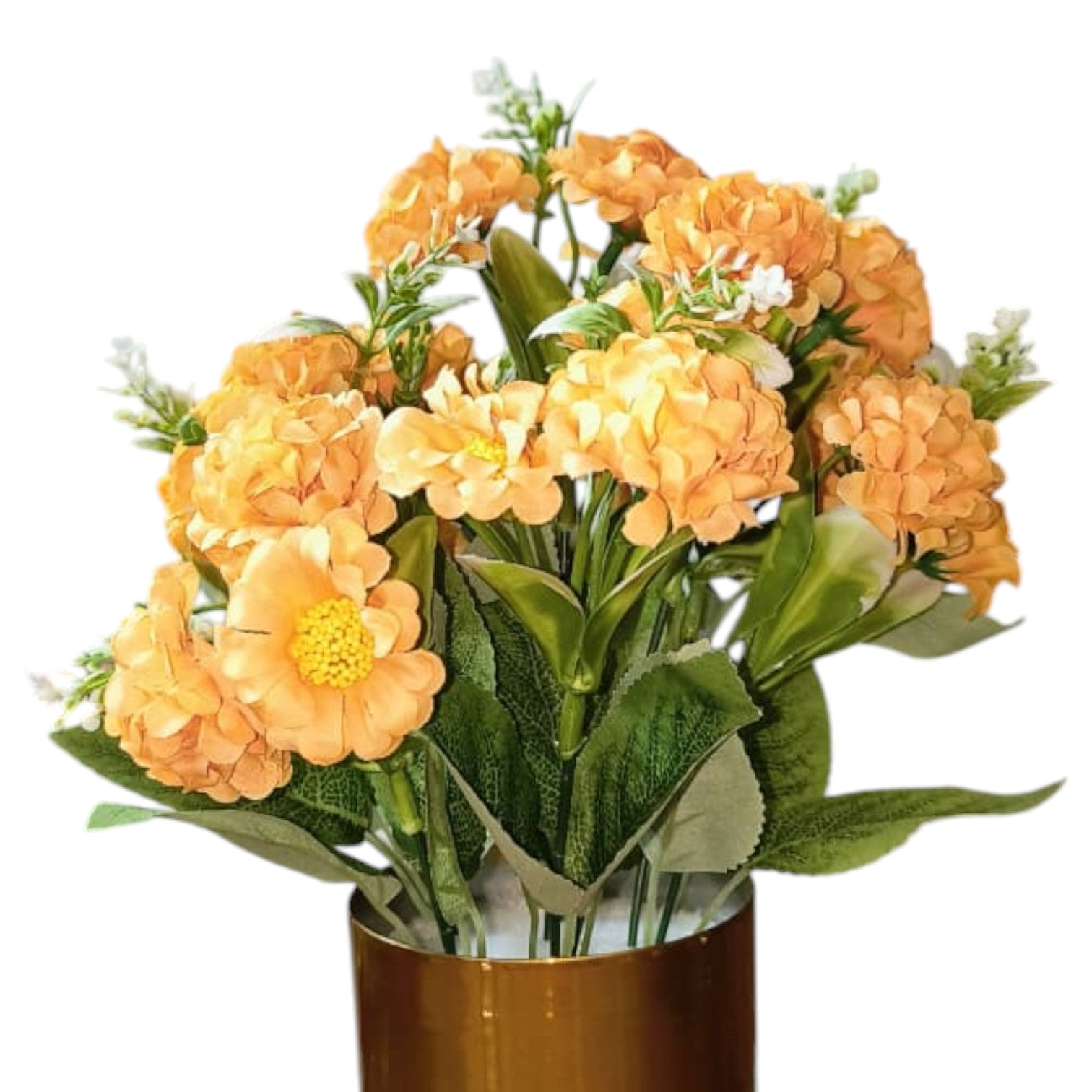 Artificial Yellow Blossoms in Gold Metal Pot